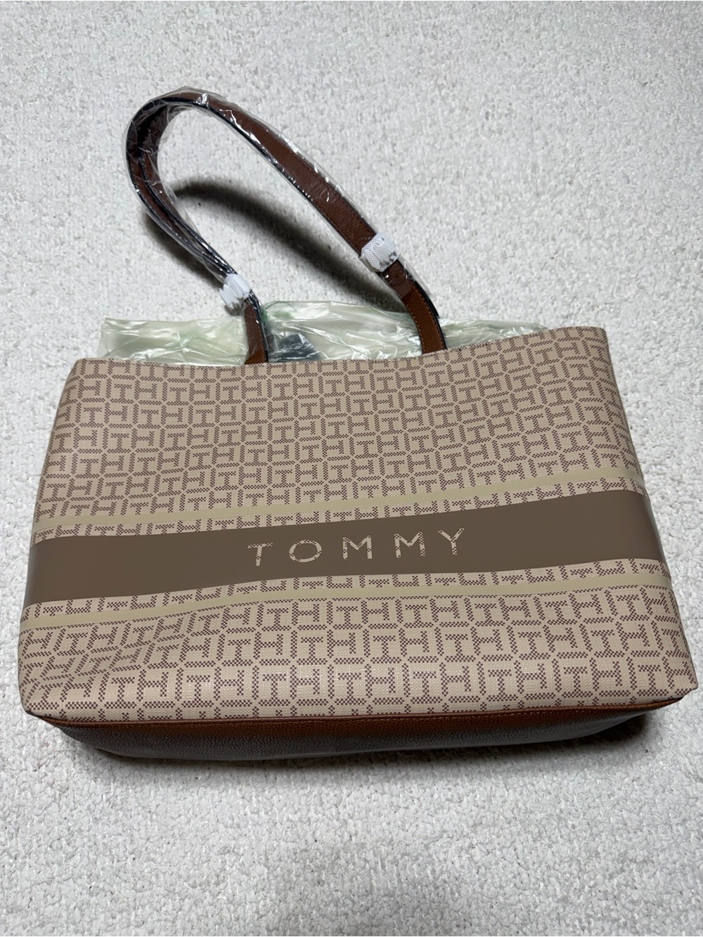 Tommy Hilfiger Monogram Logo Tote Bag Brown Beige Large Tote NWT